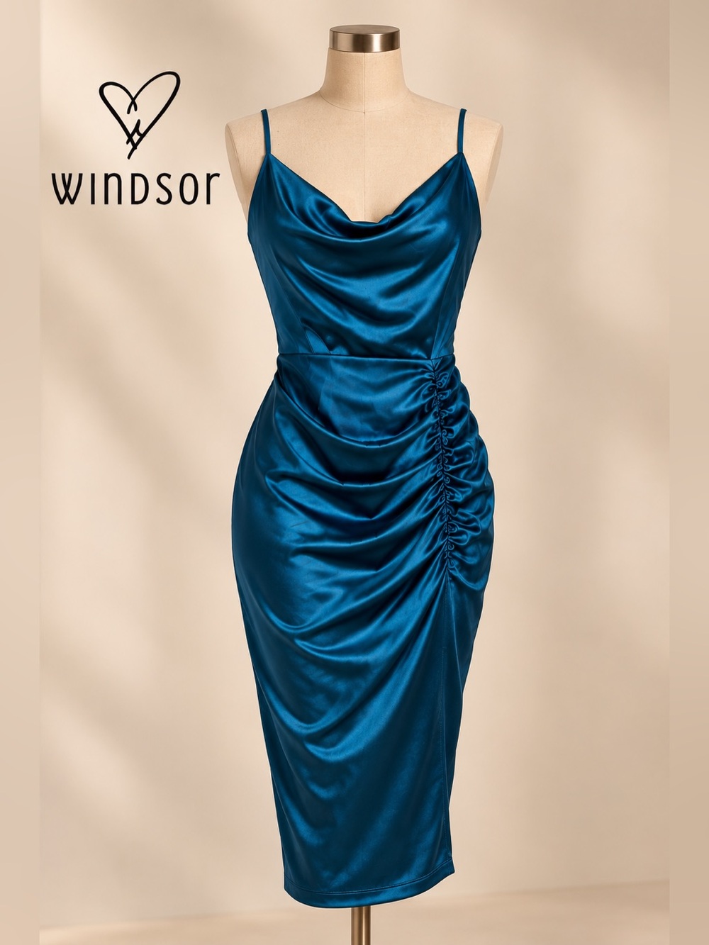 Windsor Cowl Neck Satin Midi Dress Ruched Side Teal Blue Size S